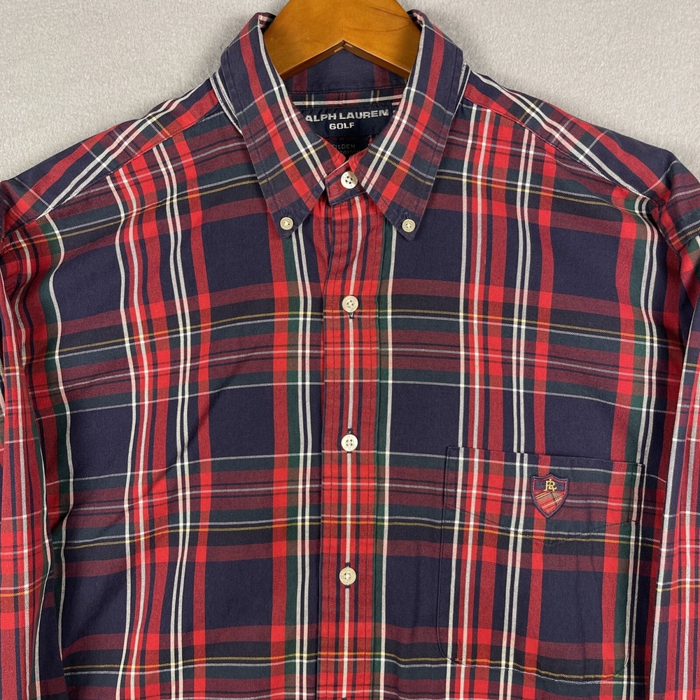 Ralph Lauren Golf Tilden Oxford Shirt Mens Large Tartan Plaid Embroidered Crest